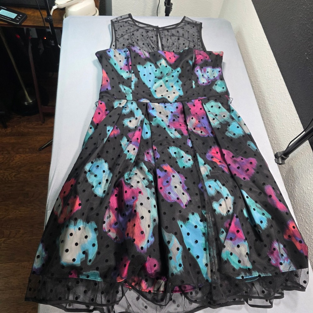 Eliza J Womens 14 Abstract Polka Dot Mesh Illusion Fit Flare‎ Party Dress Black